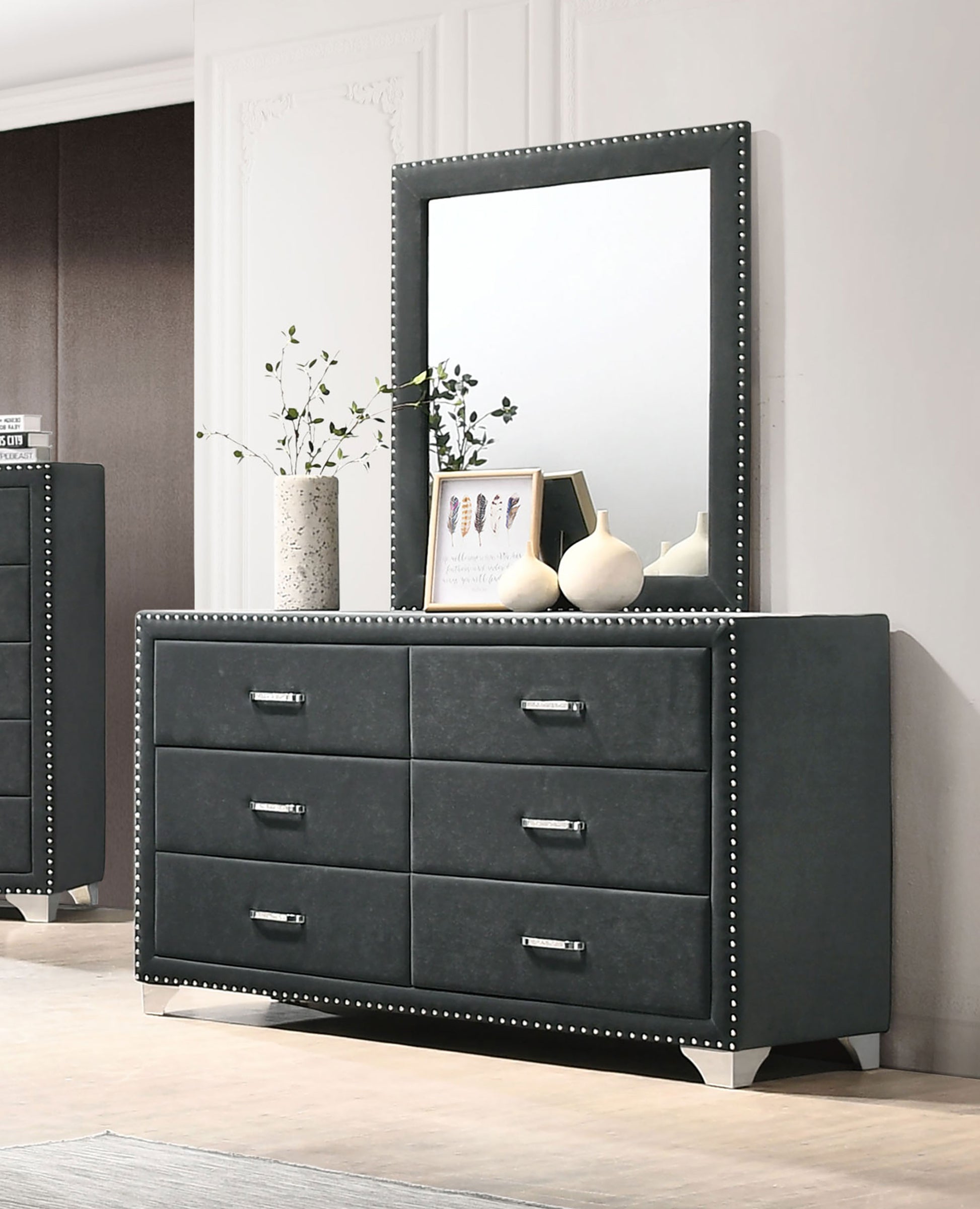 grey velvet dresser with mirror Melody 6-drawer Upholstered Dresser with Mirror Grey