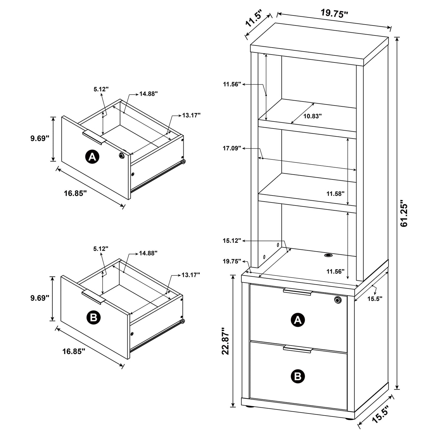 Westpark 3-shelf Bookcase USB and Lockable Drawer Black