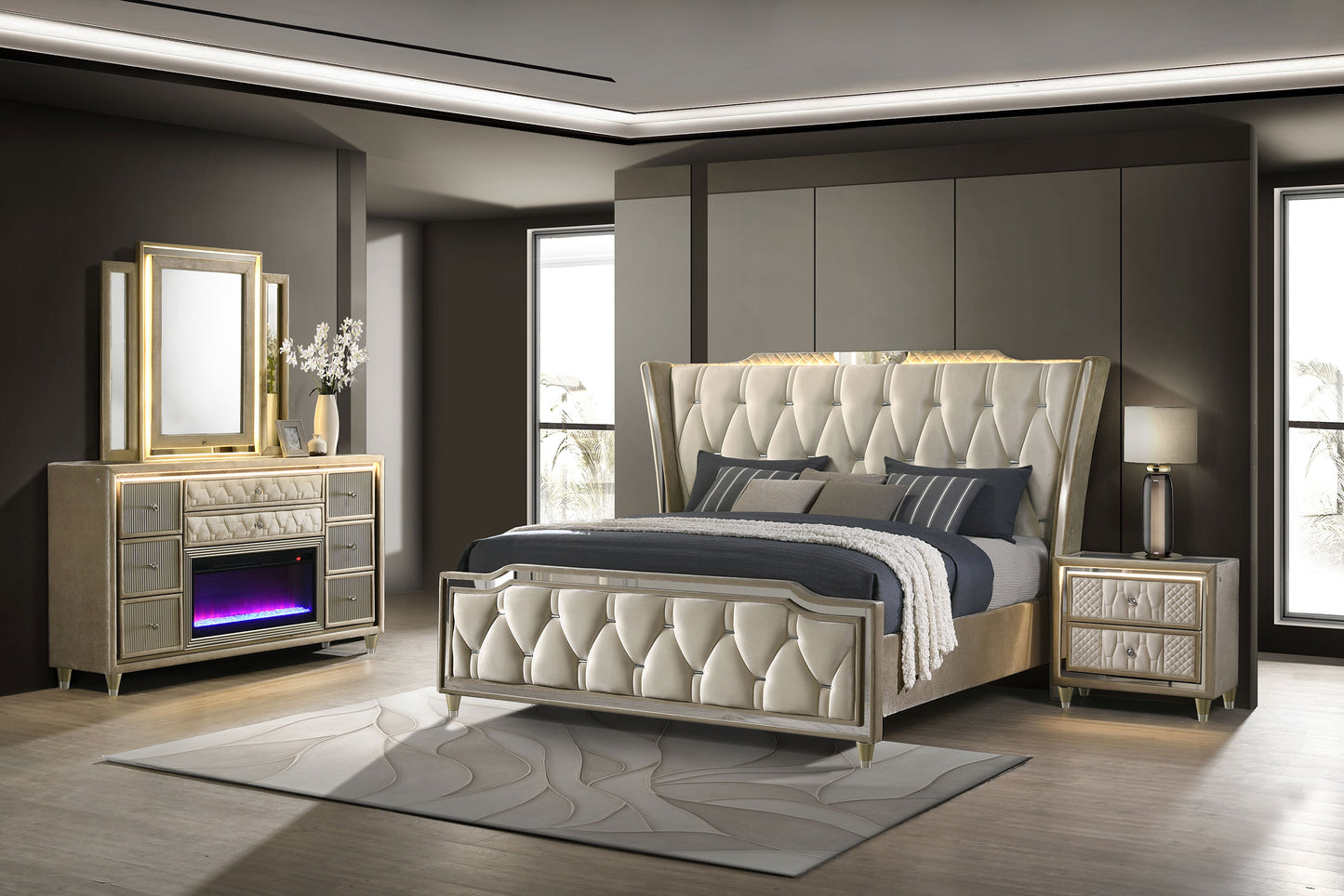 Lorient 4-piece Eastern King Bedroom Set Ivory and Camel