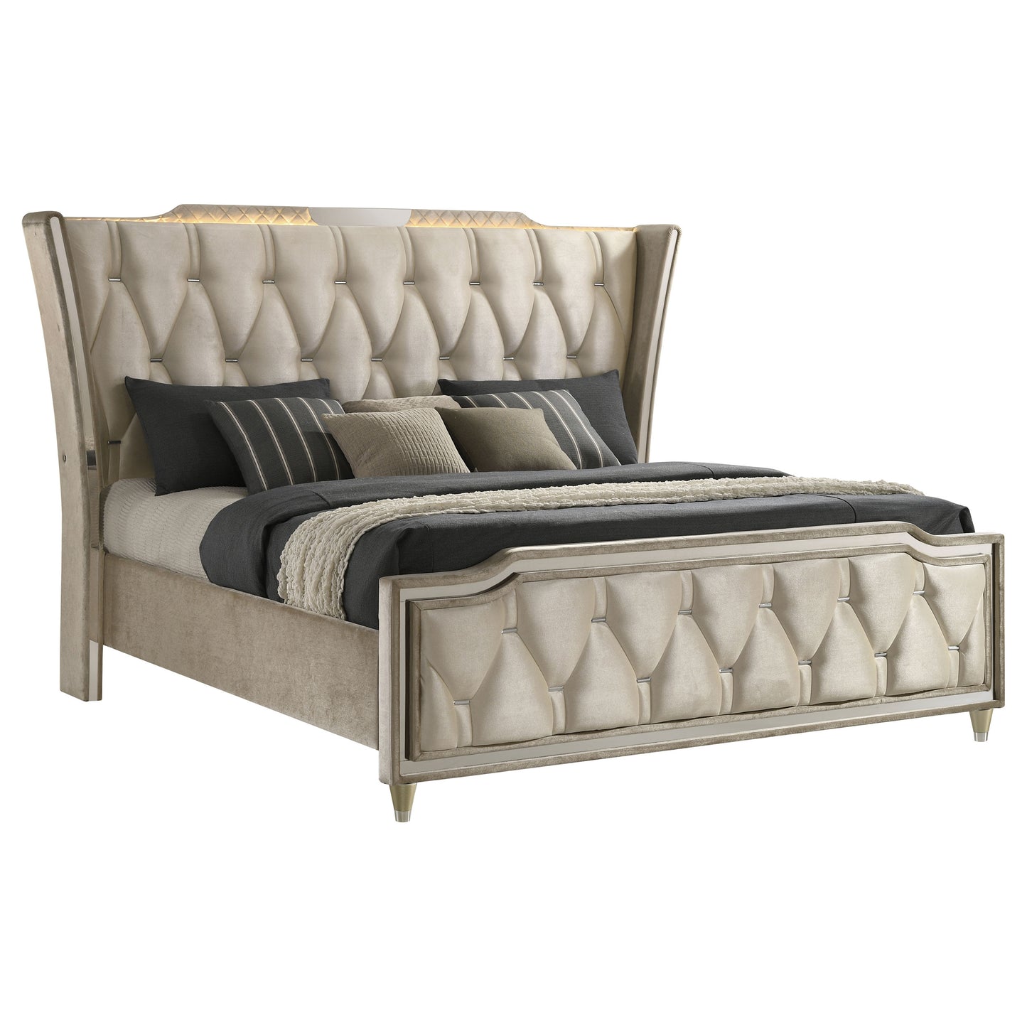 Lorient Queen LED Upholstered Wingback Bed Ivory and Camel