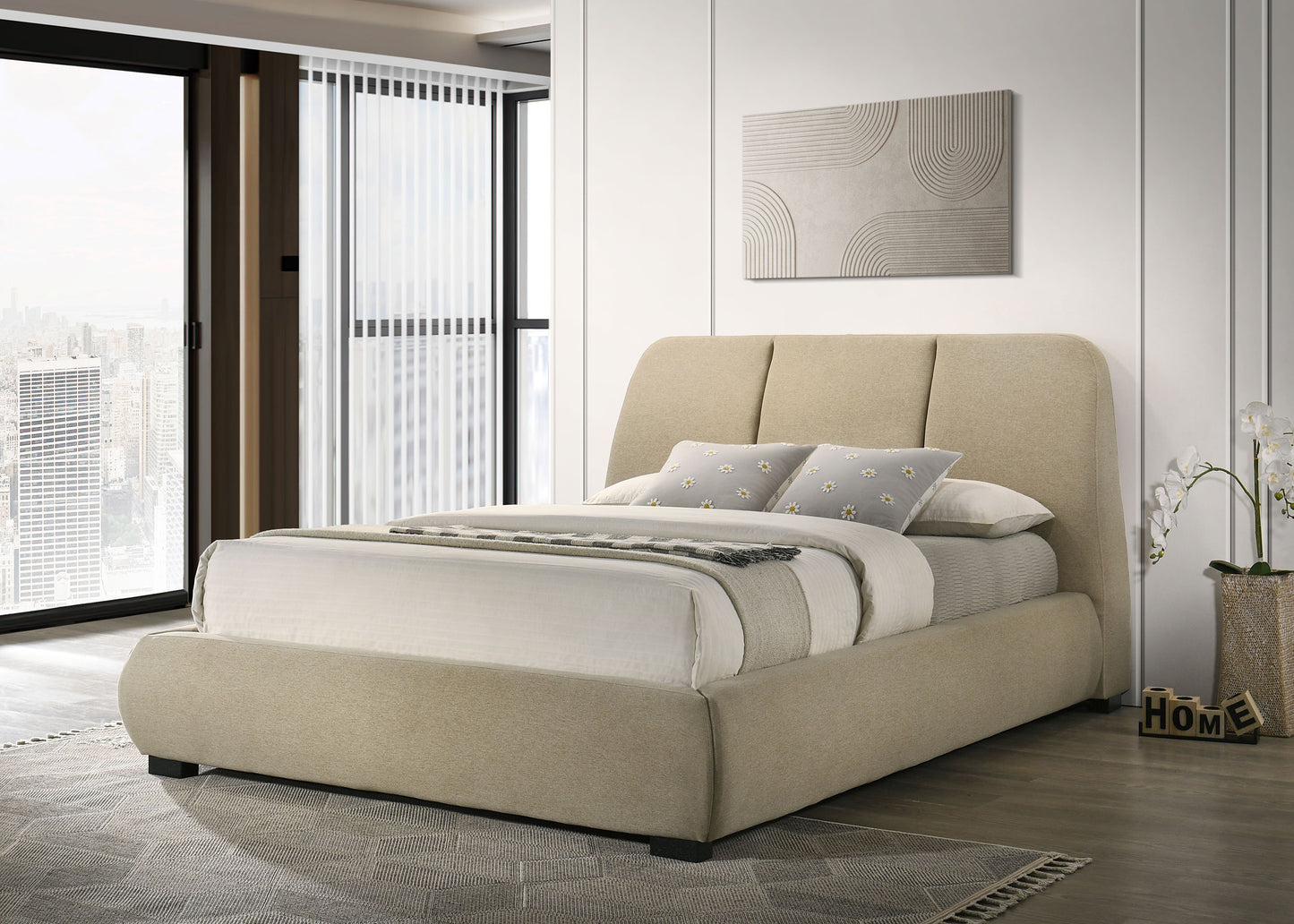 Mokena 46-inch Upholstered Eastern King Platform Bed Brown