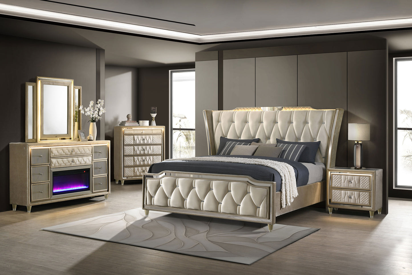 Lorient Eastern King LED Upholstered Bed Ivory and Camel