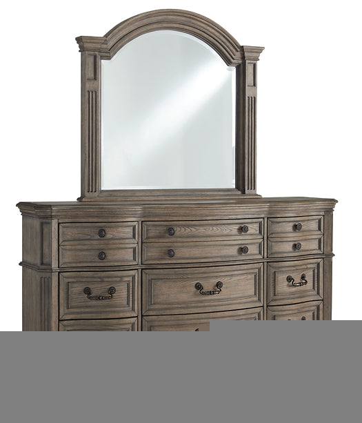 Ardenfield California King Upholstered Sleigh Bed with Mirrored Dresser, Chest and Nightstand