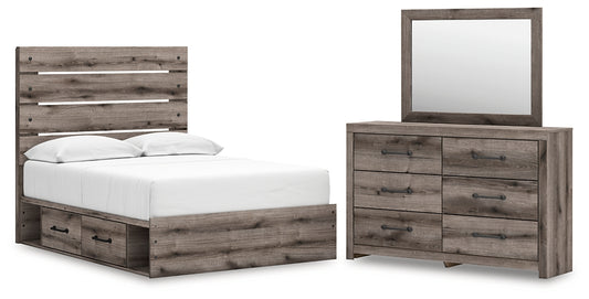 Graystorm Full Panel Bed with Storage with Mirrored Dresser