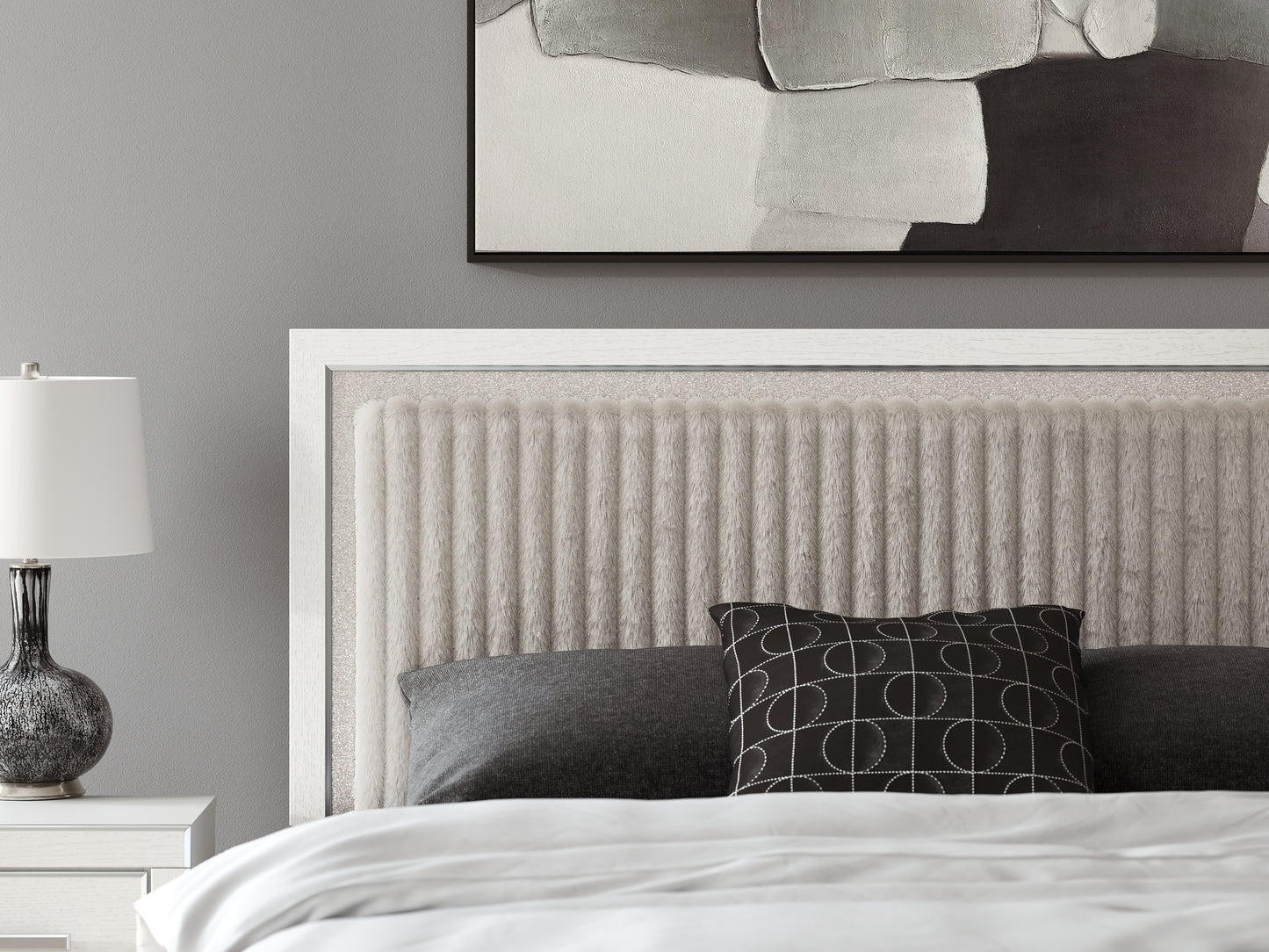 Zuraleus King Upholstered Panel Platform Bed, Dresser and Mirror