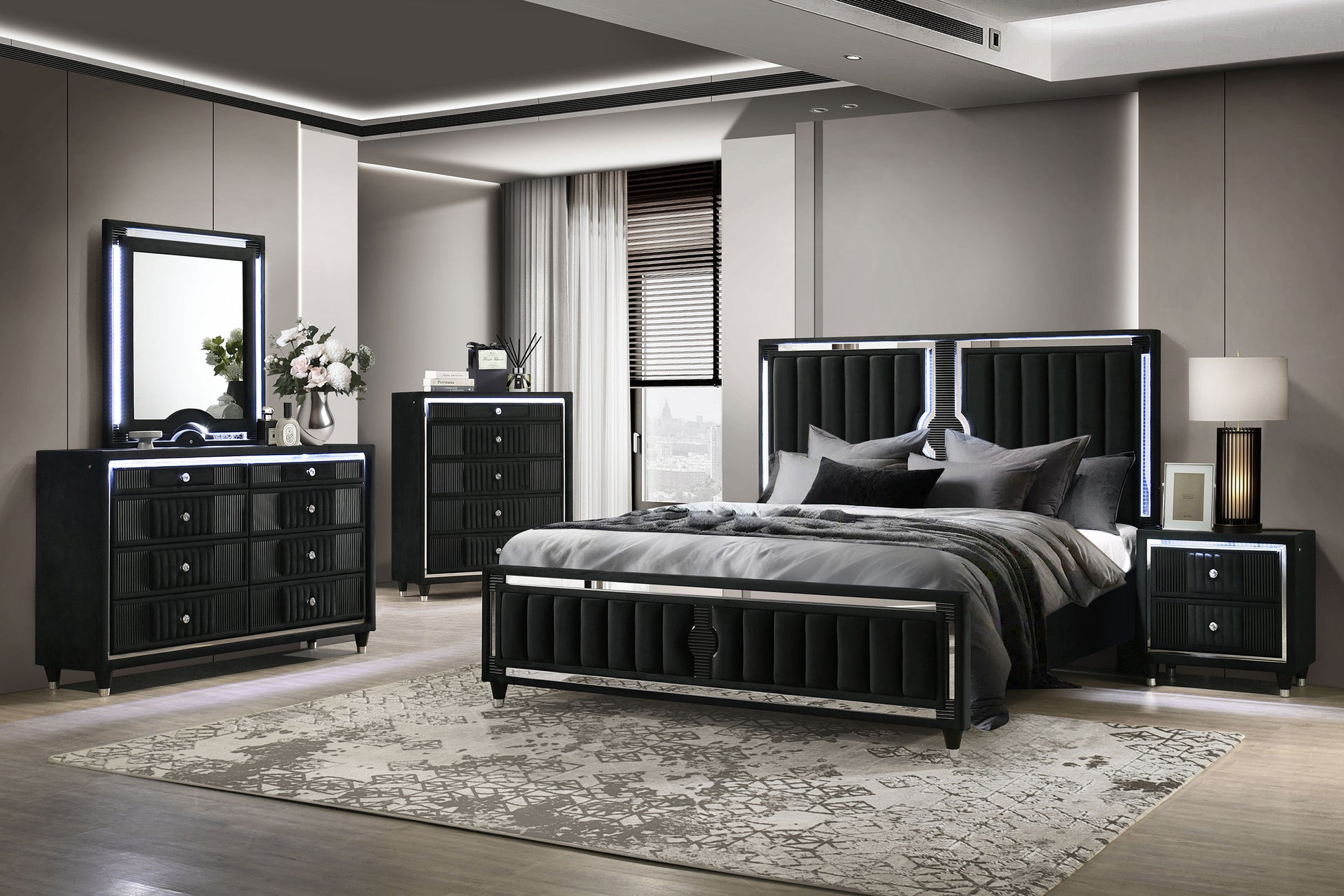 Ravenne 8-drawer Velvet Upholstered LED Dresser Cabinet Black
