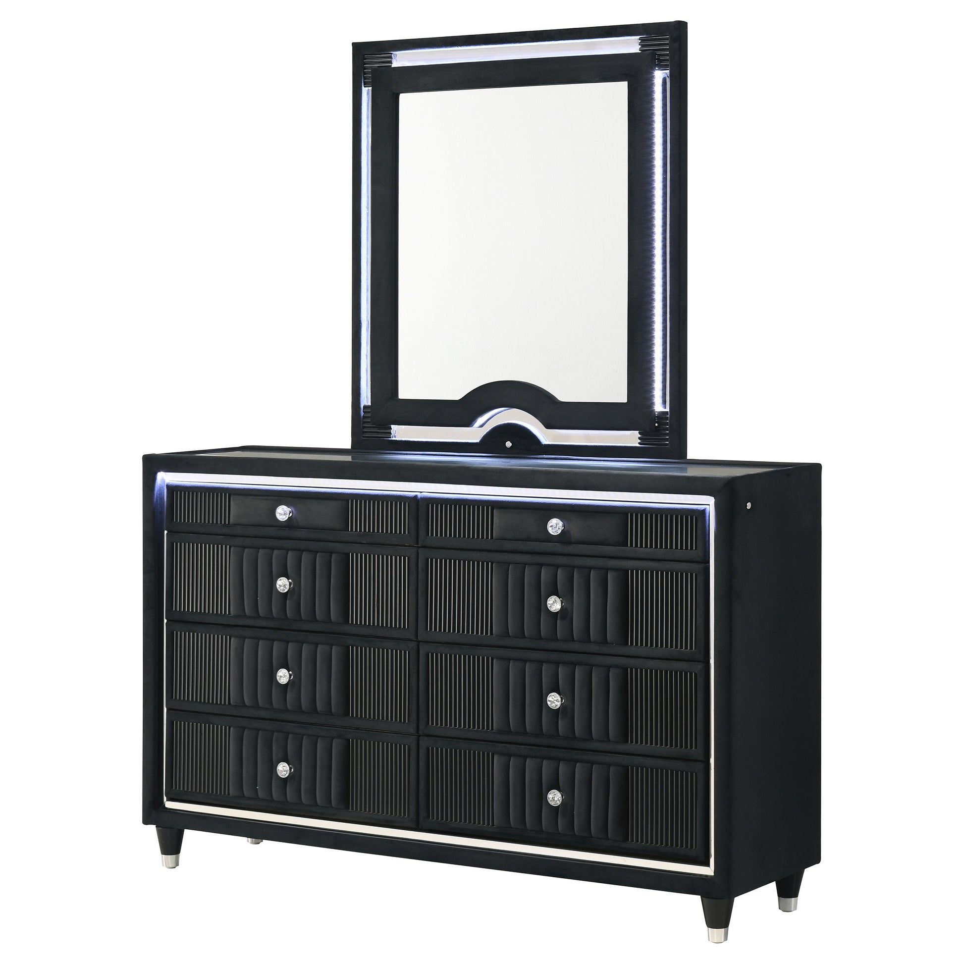 Ravenne 8-drawer Velvet Upholstered LED Dresser and Mirror Black