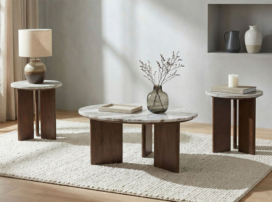 Jenna 3-piece Round Marble Top Coffee Table Set Brown
