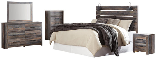 Drystan King Panel Headboard Bed with Mirrored Dresser, Chest and Nightstand