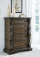 Maylee King Upholstered Bed, Dresser, Mirror, Chest and Nightstand