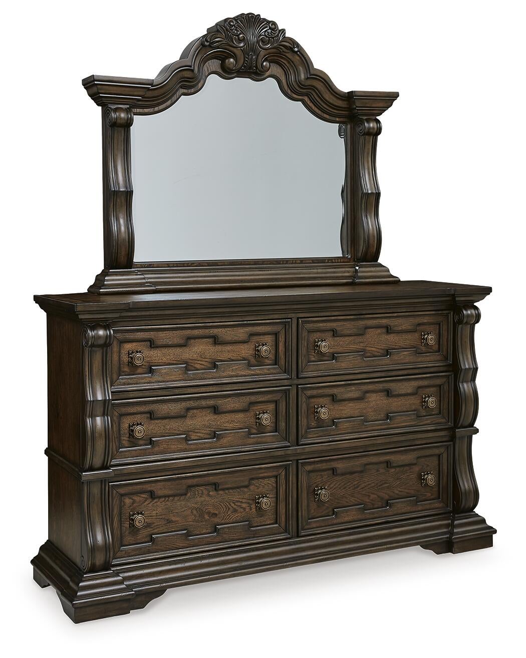 Maylee Queen Upholstered Bed with Mirrored Dresser and Nightstand