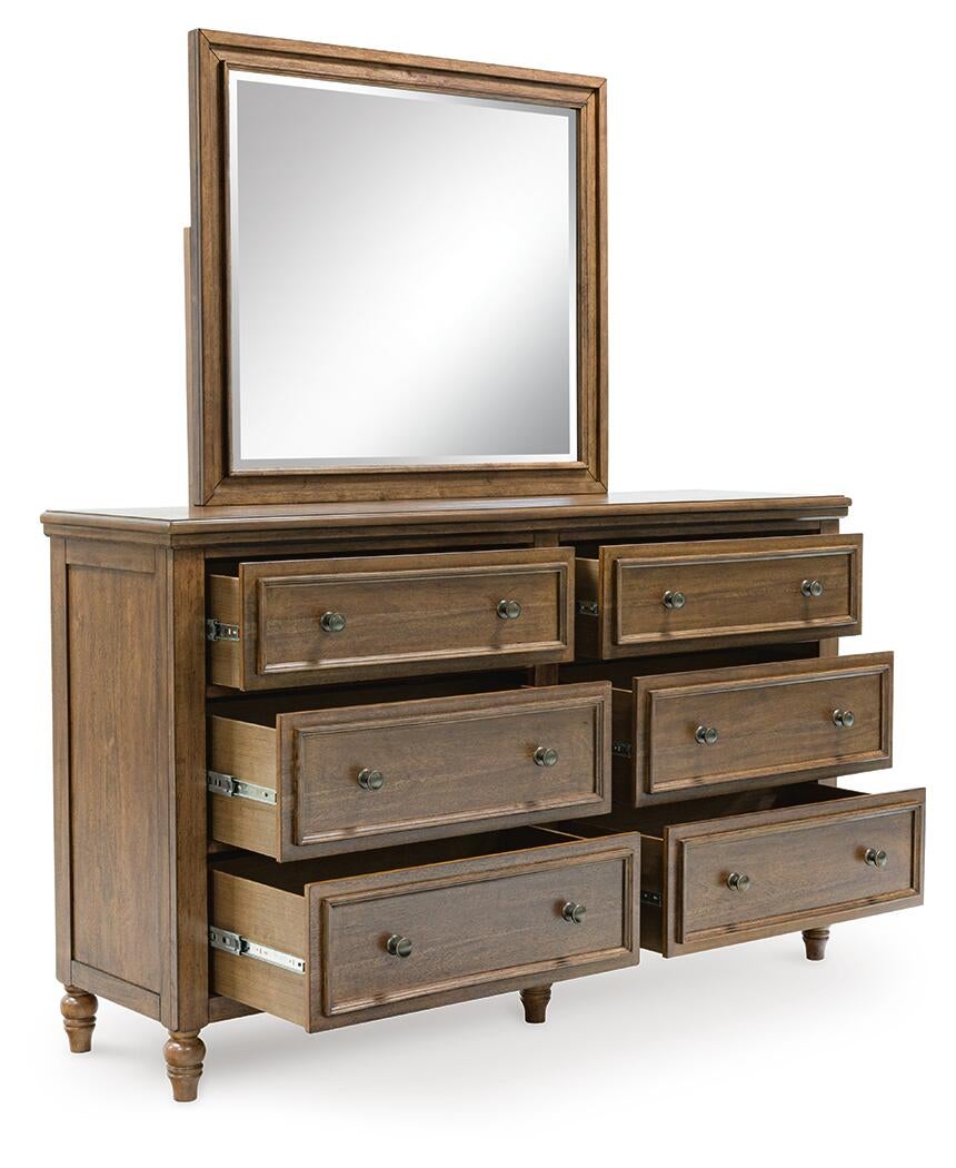 Sturlayne California King Upholstered Panel Bed, Dresser and Mirror
