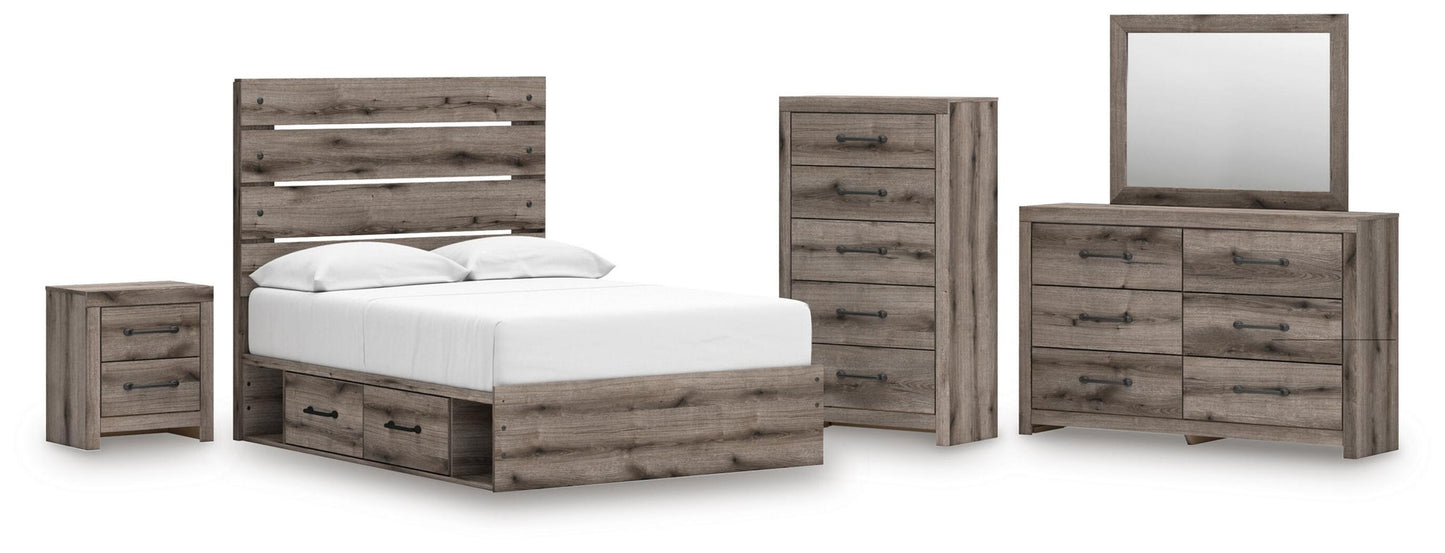 Graystorm Full Panel Storage Bed, Dresser, Mirror, Chest and Nightstand