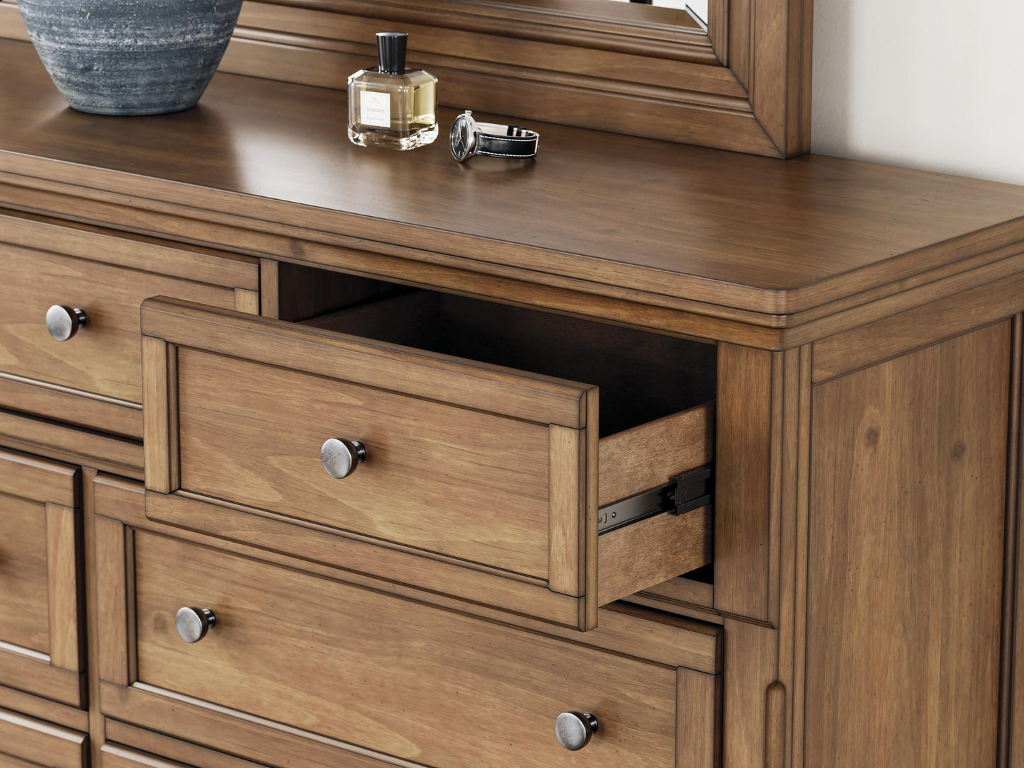 Vandenmore King Storage Sleigh Bed with Mirrored Dresser and Nightstand