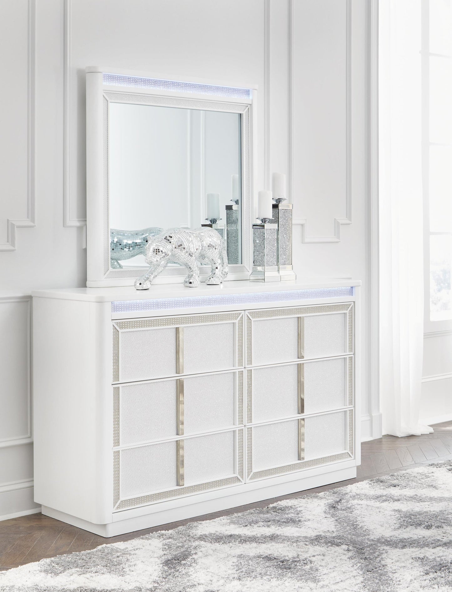 Chalanna California King Upholstered Storage Bed, Dresser, Mirror, Chest and Nightstand