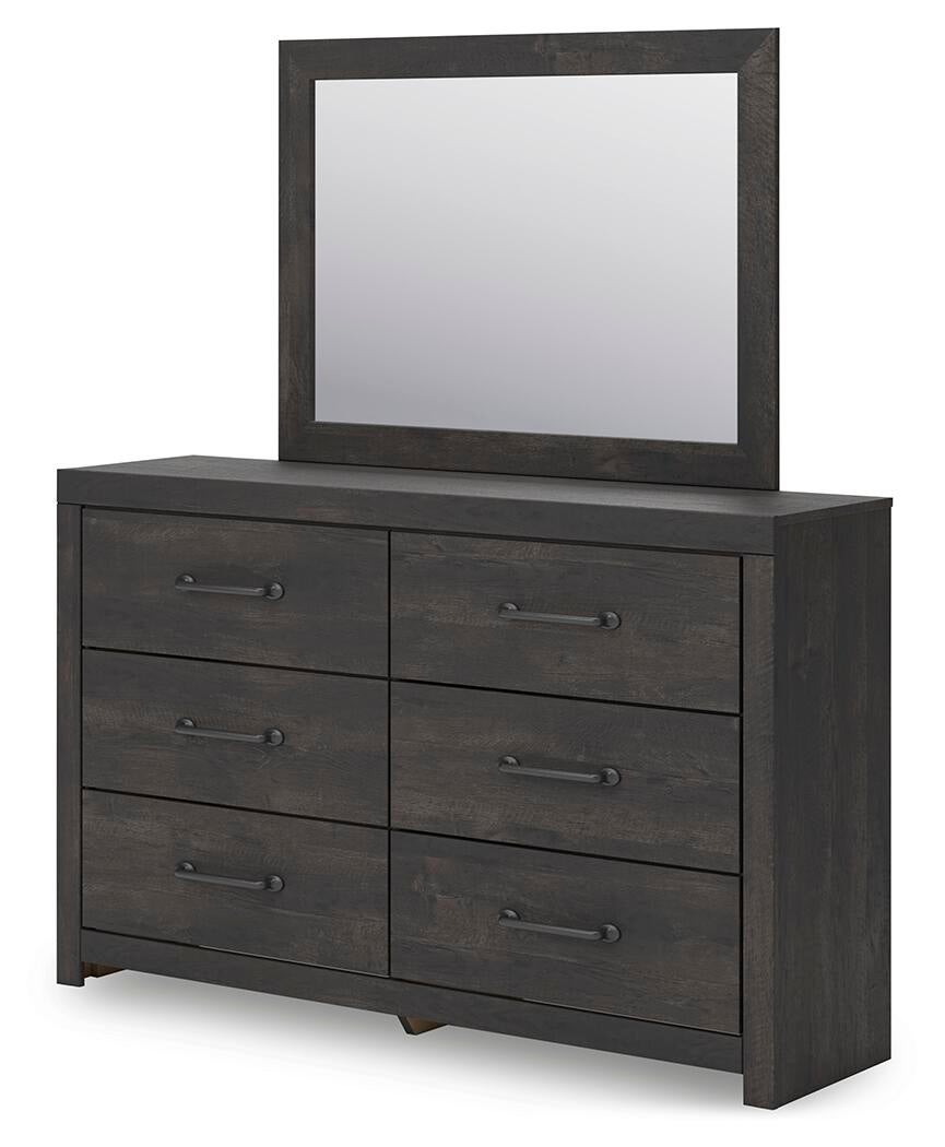 Delmorta Full Panel Bed with Storage, Dresser, Mirror, Chest and Nightstand