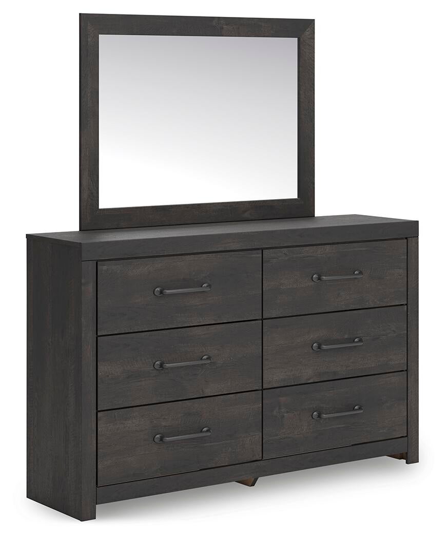 Delmorta Full Panel Bed with Storage, Dresser and Mirror