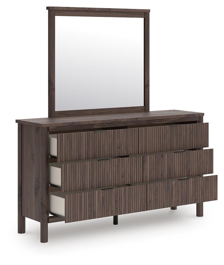 Cadmori Queen Upholstered Panel Platform Bed, Dresser, Mirror, Chest and Nightstand