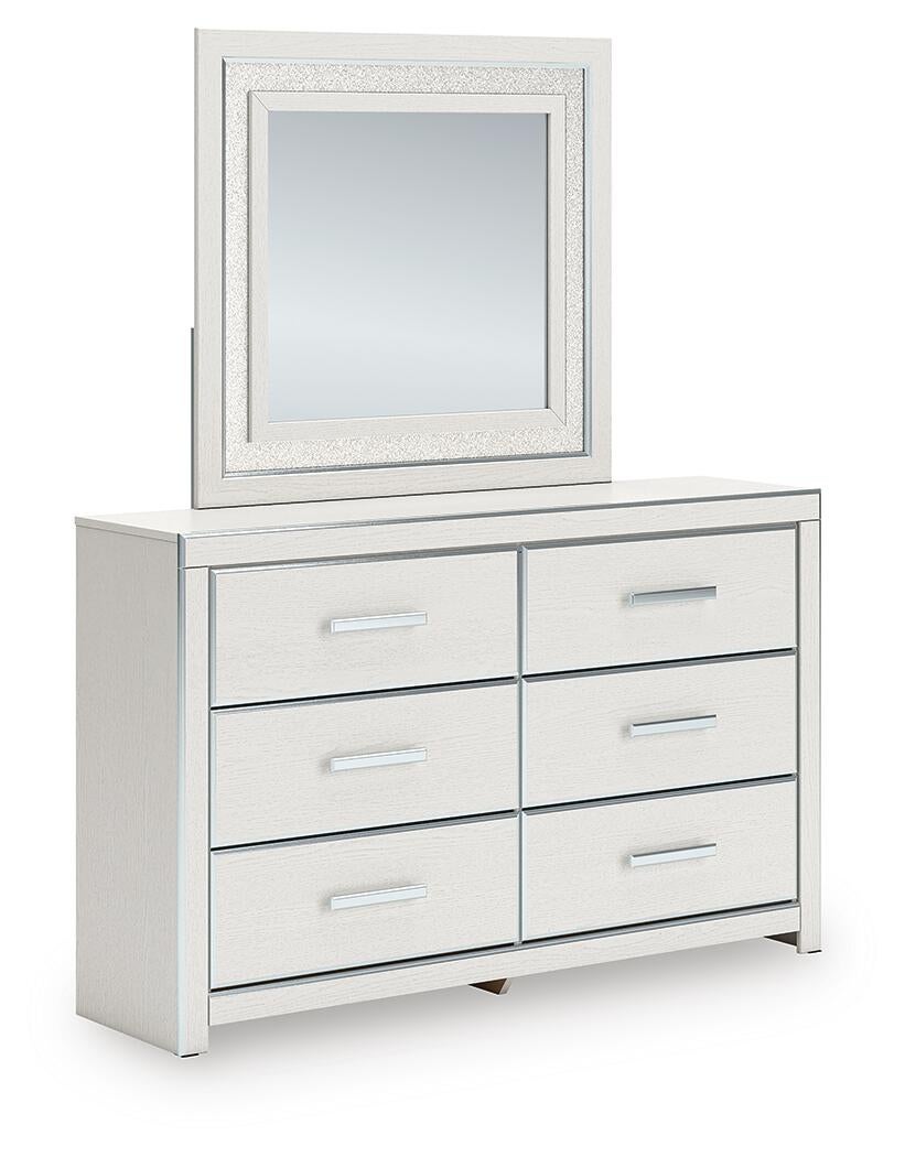Birmonton King Upholstered Panel Platform Bed, Dresser and Mirror