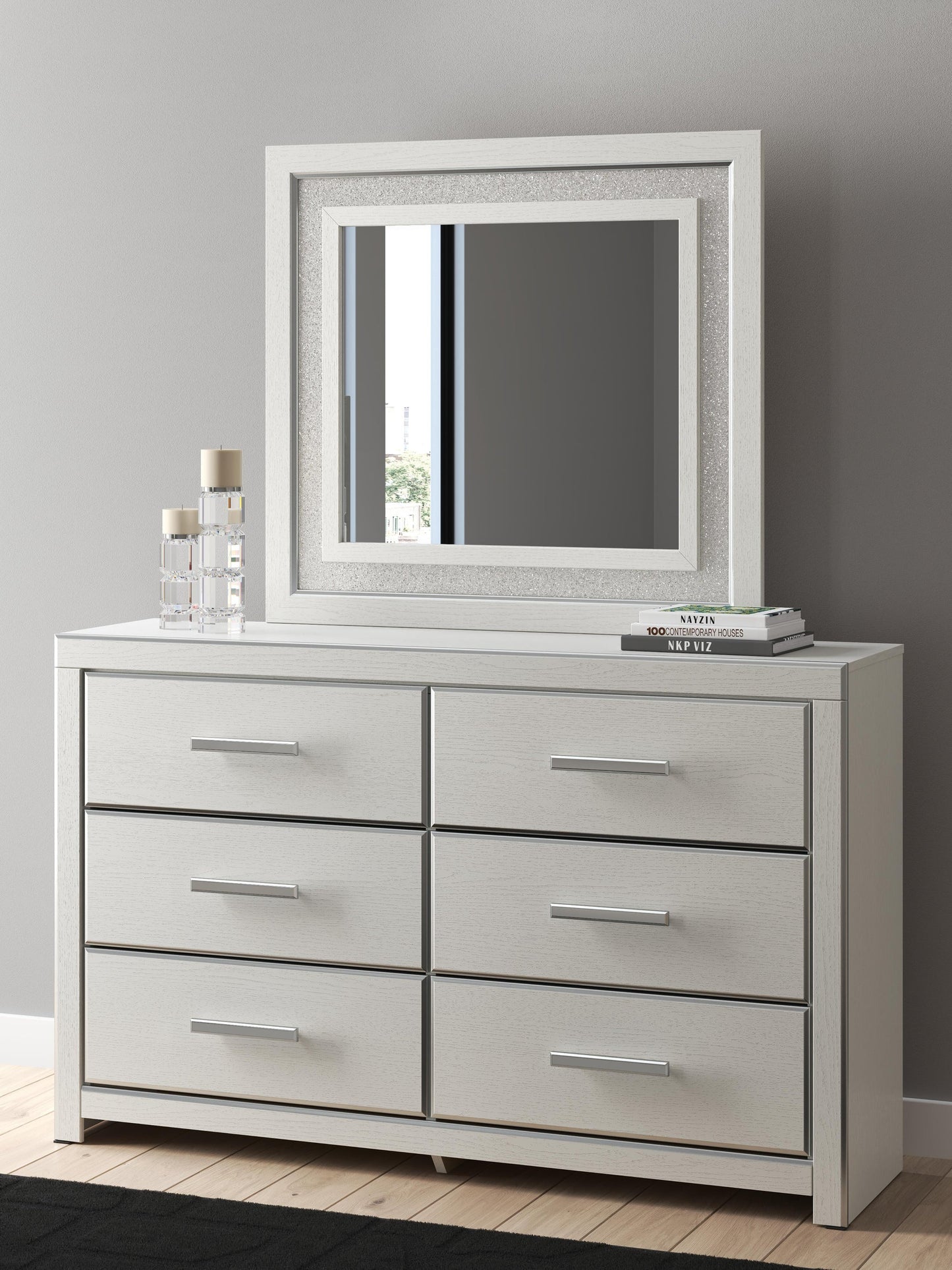 Birmonton California King Upholstered Bed, Dresser, Mirror and Nightstand