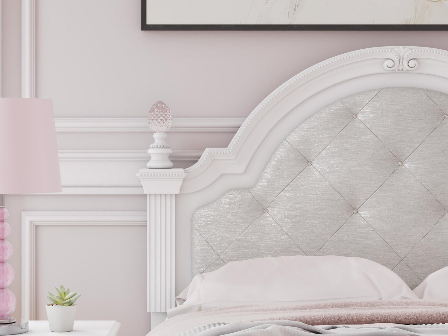 Kozlani Full Upholstered Panel Bed, Dresser, Mirror and Nightstand