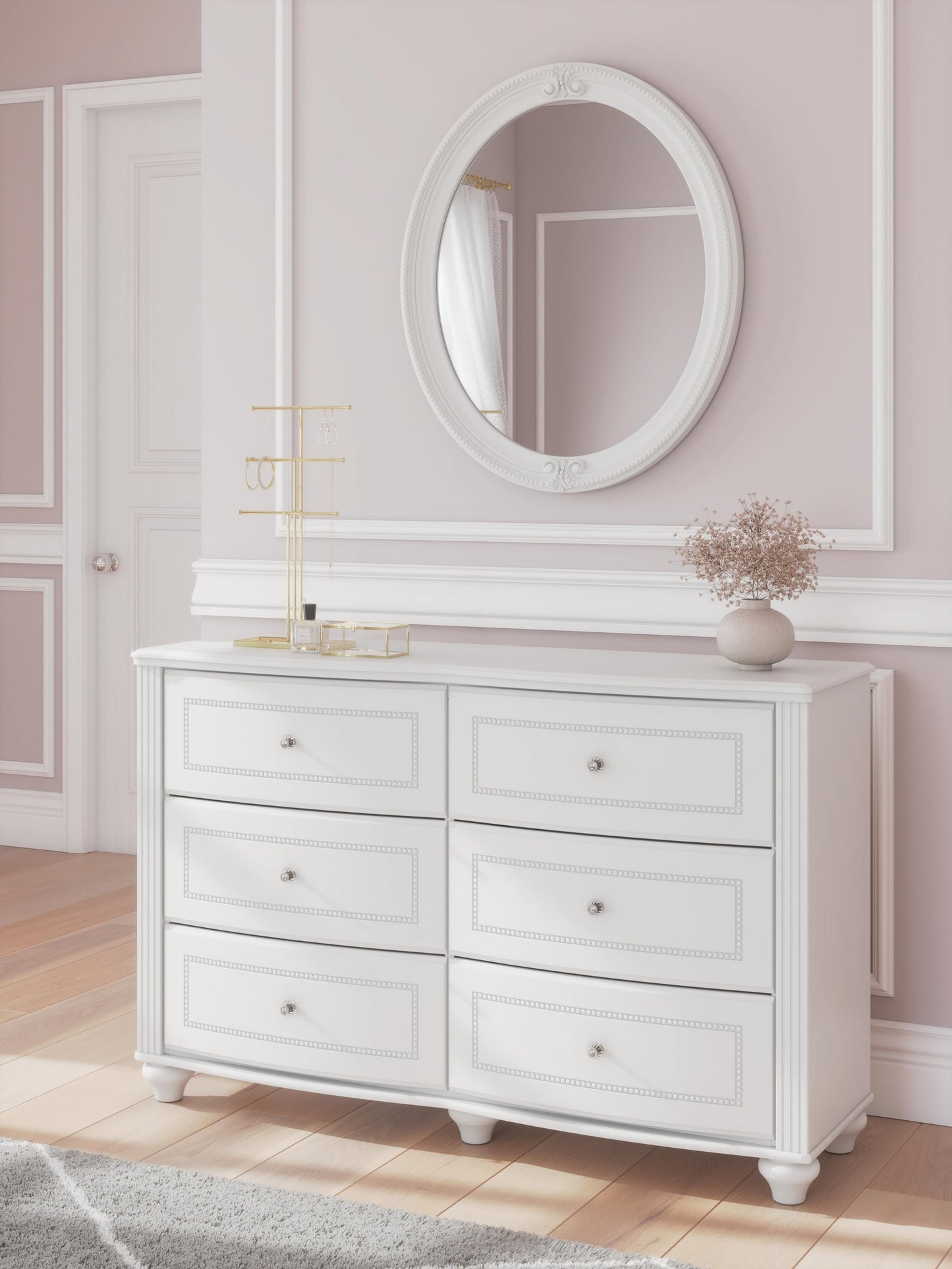 Kozlani Full Upholstered Panel Bed, Dresser, Mirror and Nightstand