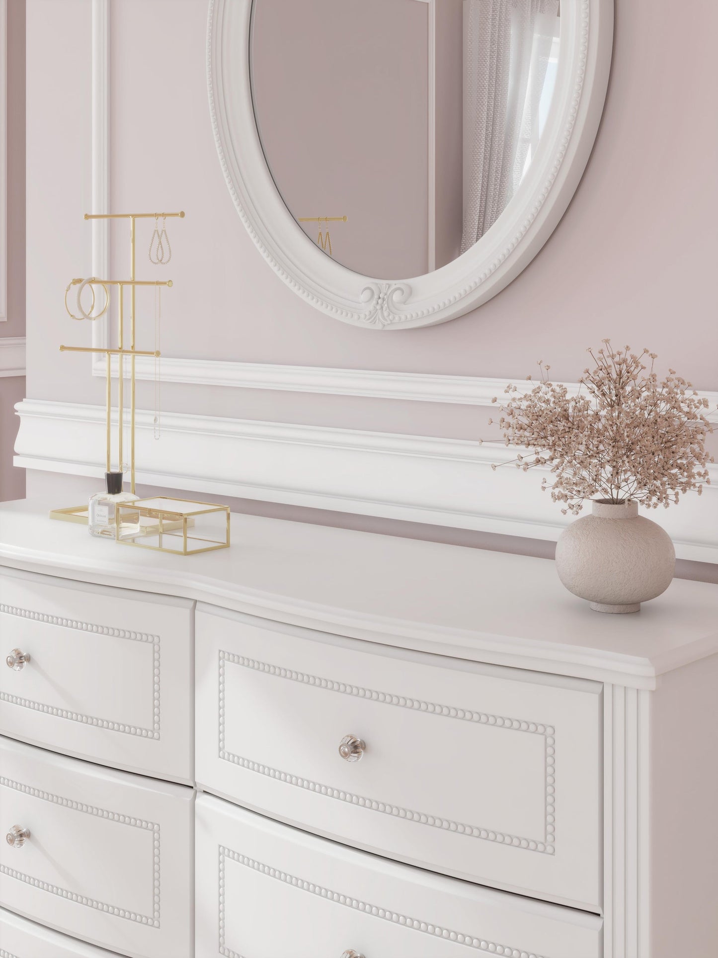 Kozlani Twin Upholstered Panel Bed, Dresser and Mirror
