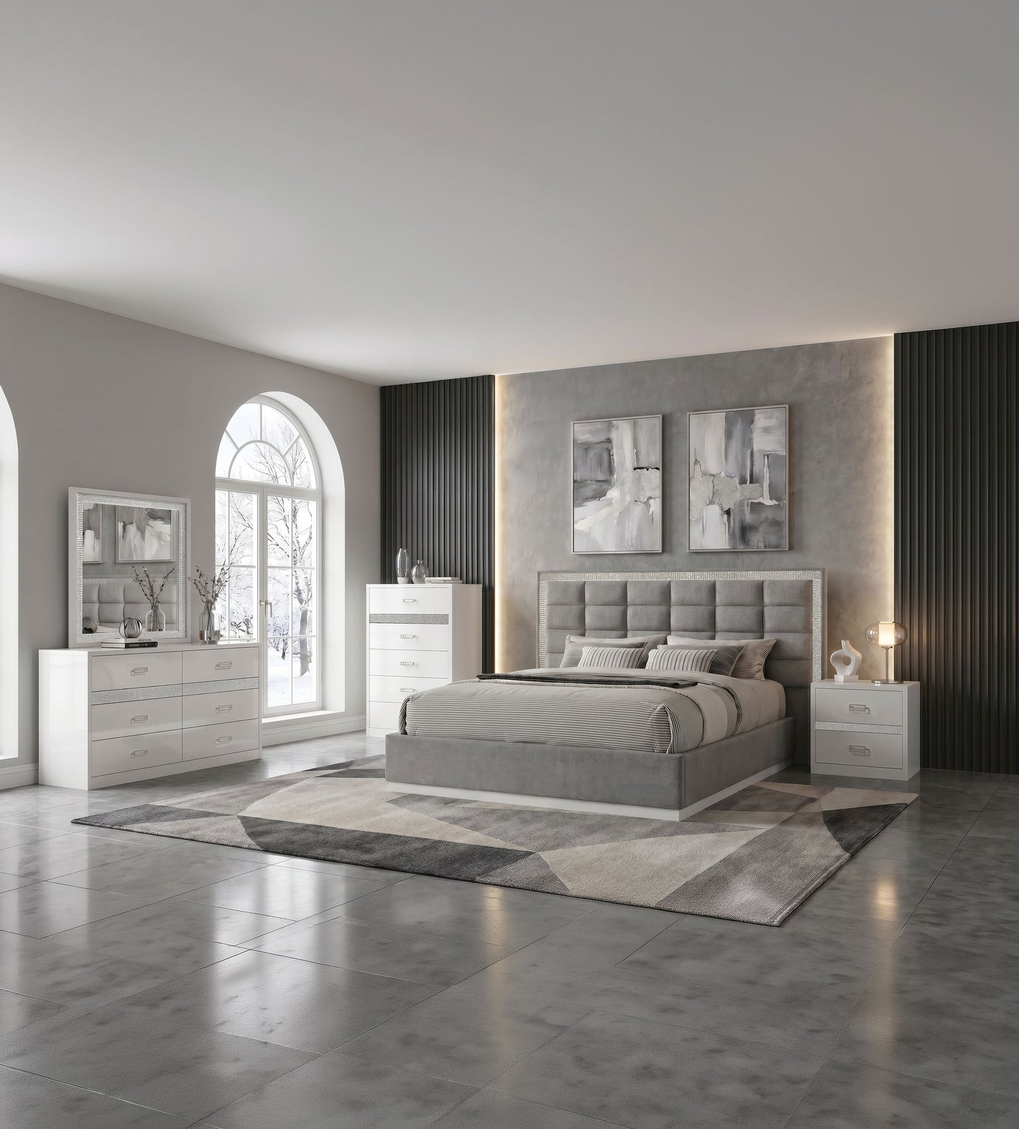Viana Queen Chenille Platform Bed Grey and White High Gloss