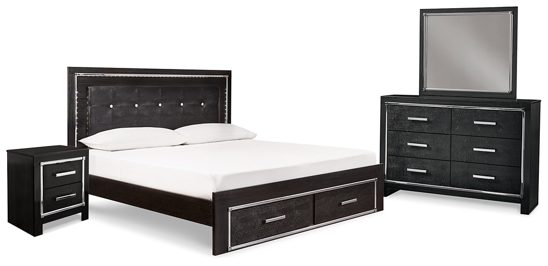 Kaydell King Upholstered Panel Bed with Mirrored Dresser and Nightstand