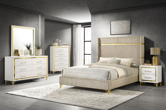 Lucia 5-piece Bedroom Set with Upholstered Eastern King Wingback Panel Bed Beige