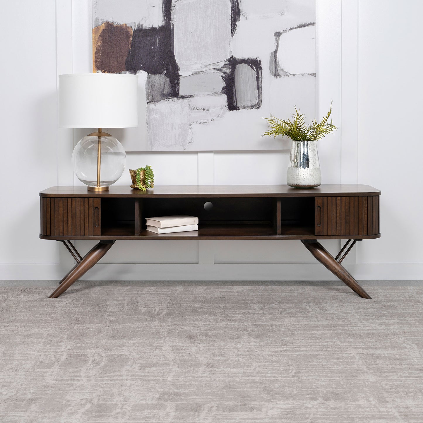 Valna Wood 71-inch TV Stand with Sliding Doors Walnut